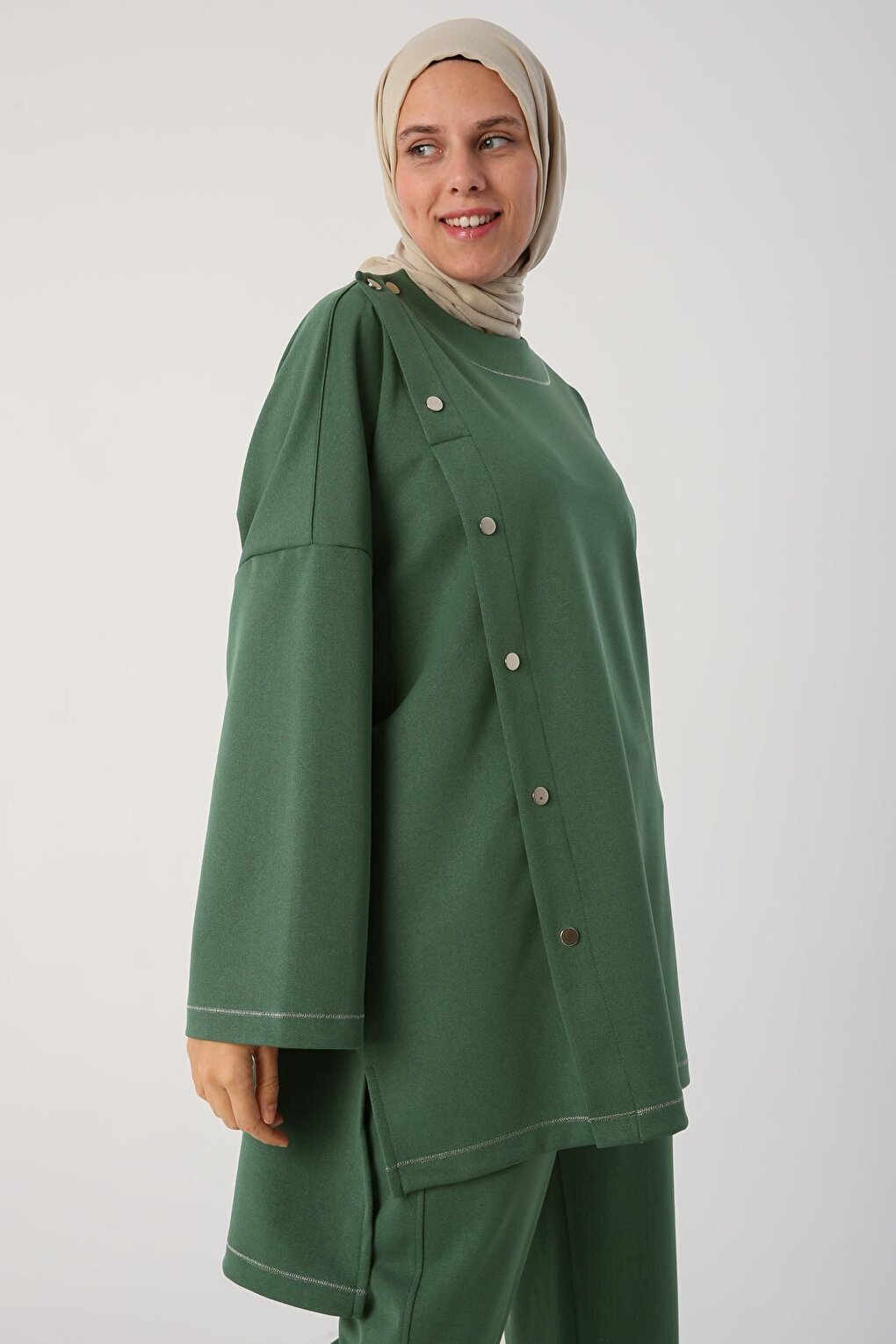 Green Glitter Stitched Snap Fastener Oversize Tunic