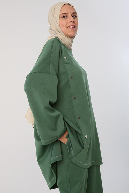 Green Glitter Stitched Snap Fastener Oversize Tunic