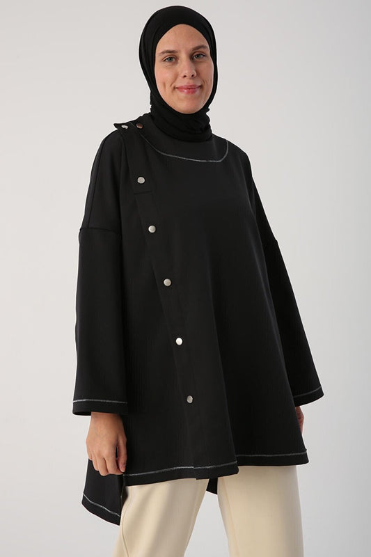 Black Glitter Stitched Snap Fastener Oversize Tunic