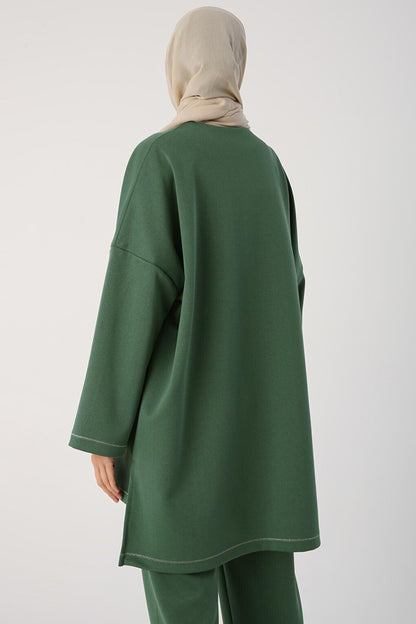 Green Glitter Stitched Snap Fastener Oversize Tunic