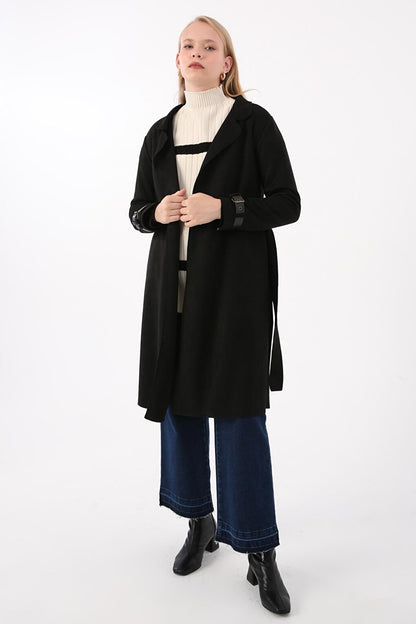 Black Belted Suede Trench Coat with Detailed Sleeves