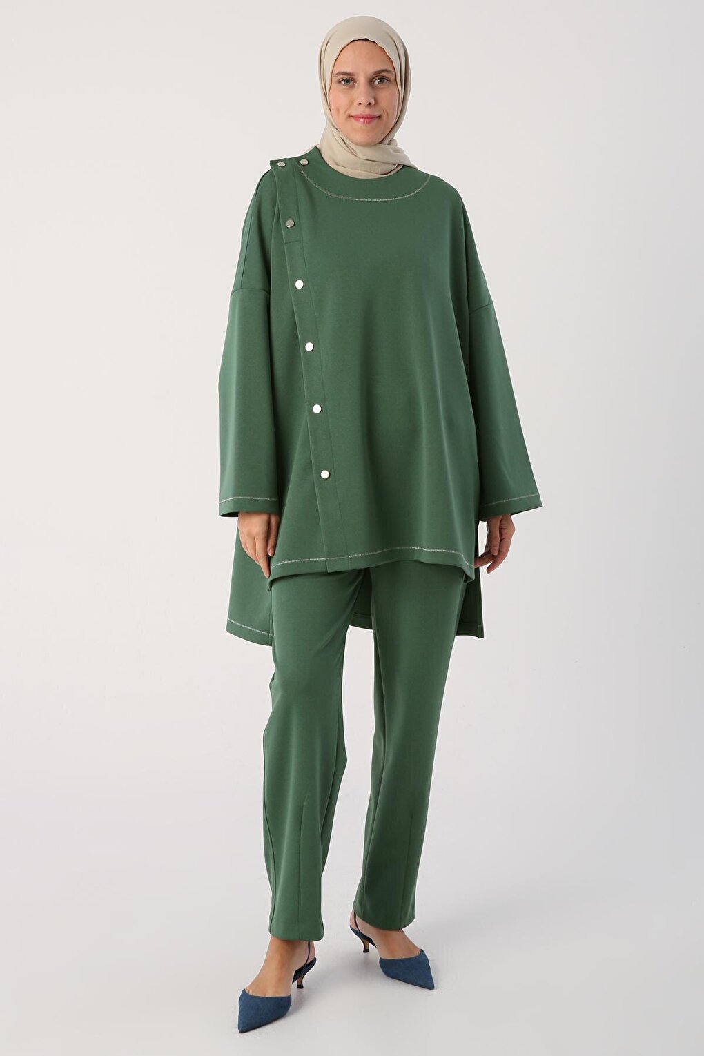 Green Glitter Stitched Snap Fastener Oversize Tunic