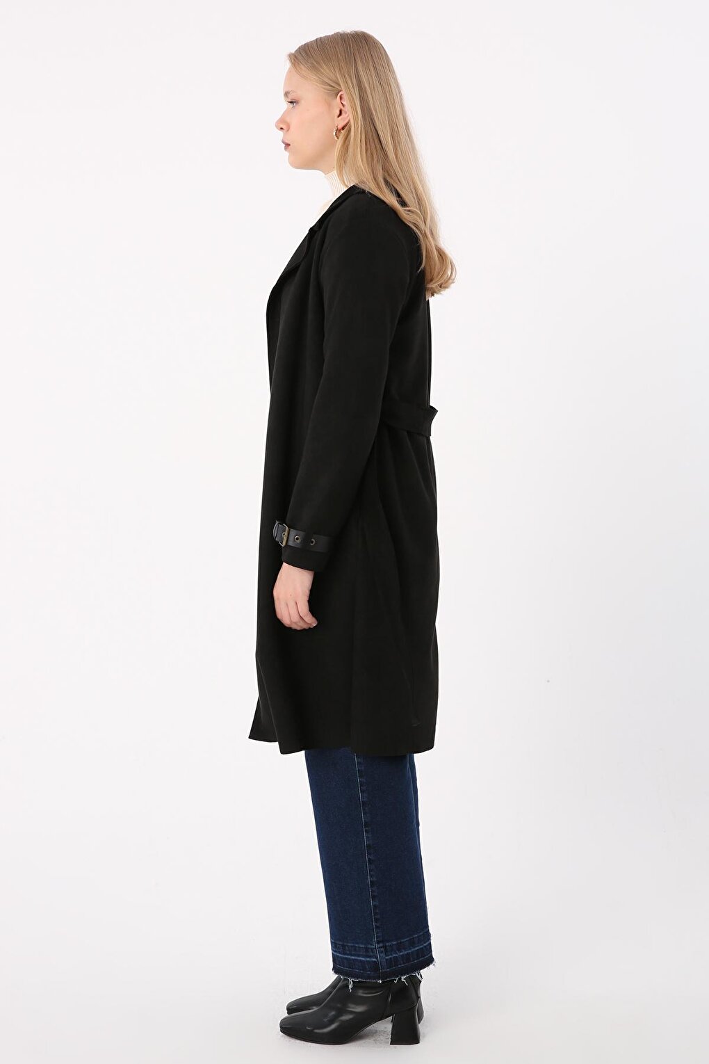 Black Belted Suede Trench Coat with Detailed Sleeves