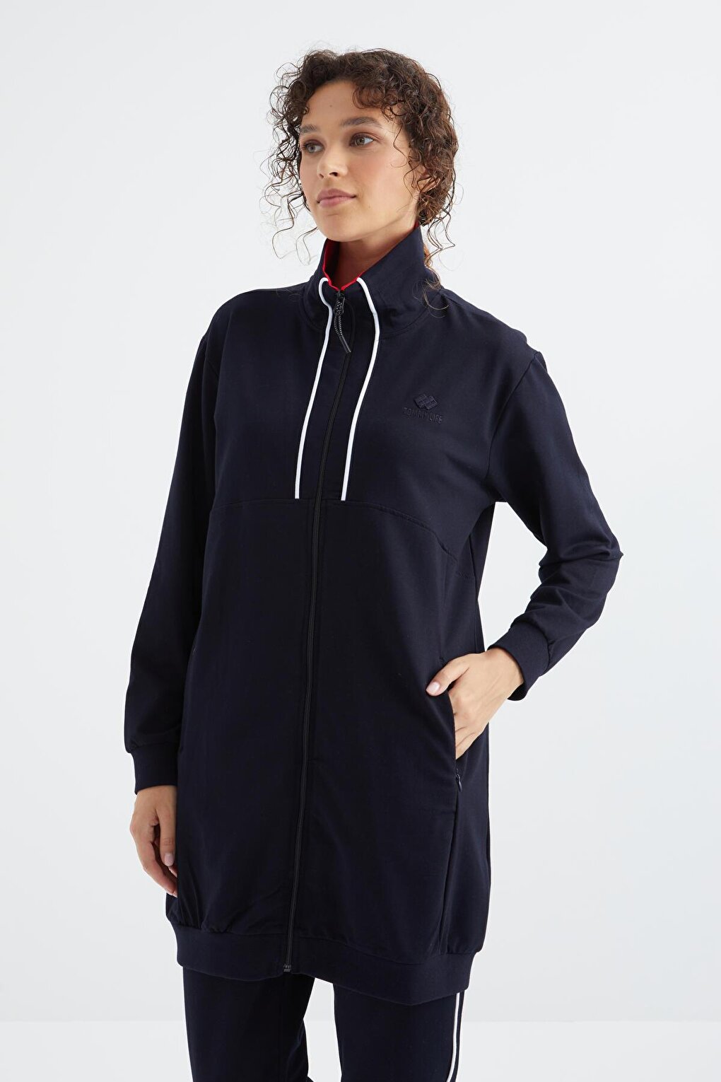 Navy Blue High Collar Women's Tracksuit Tunic Set with Zipper Pockets - 95317