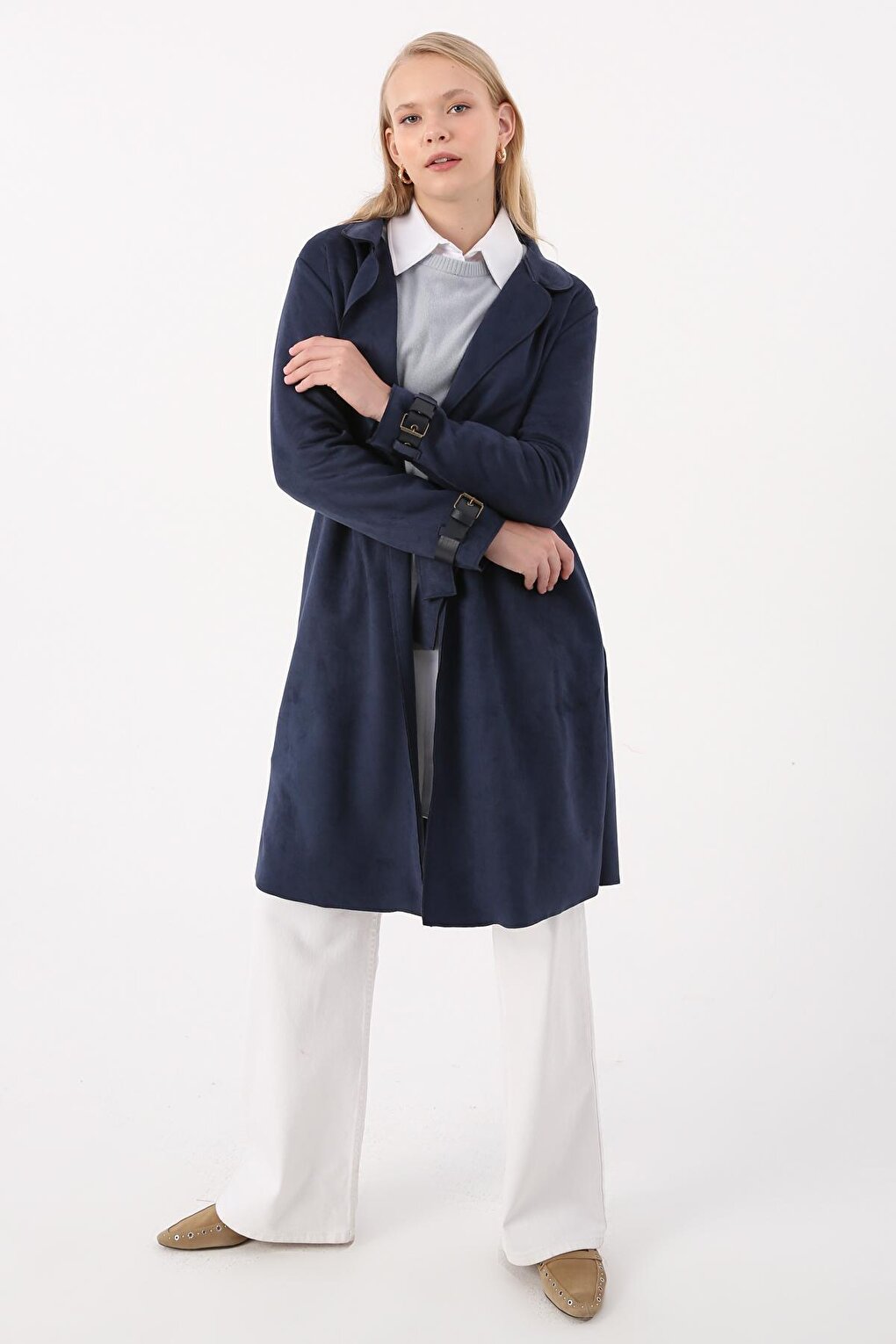 Indigo Belted Suede Trench Coat with Sleeve Detail