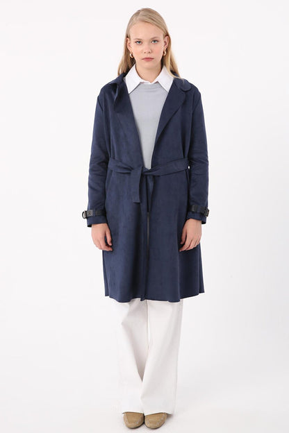 Indigo Belted Suede Trench Coat with Sleeve Detail