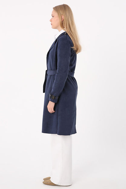 Indigo Belted Suede Trench Coat with Sleeve Detail