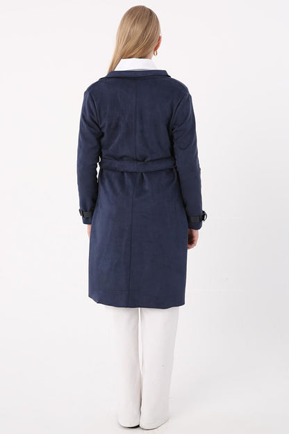 Indigo Belted Suede Trench Coat with Sleeve Detail