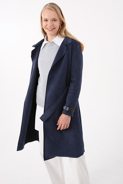 Indigo Belted Suede Trench Coat with Sleeve Detail