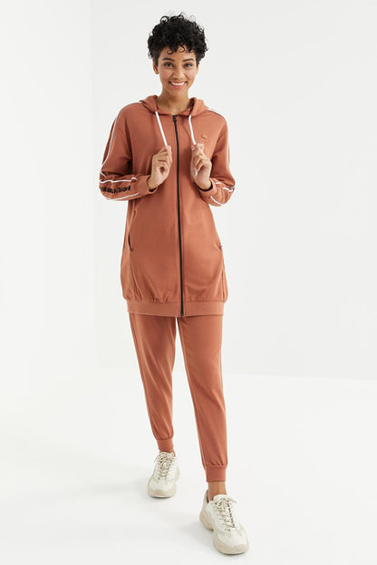 Cinnamon Hooded Zippered Sleeves with Text Embroidery Comfortable Form Women's Tracksuit Tunic Set - 95314