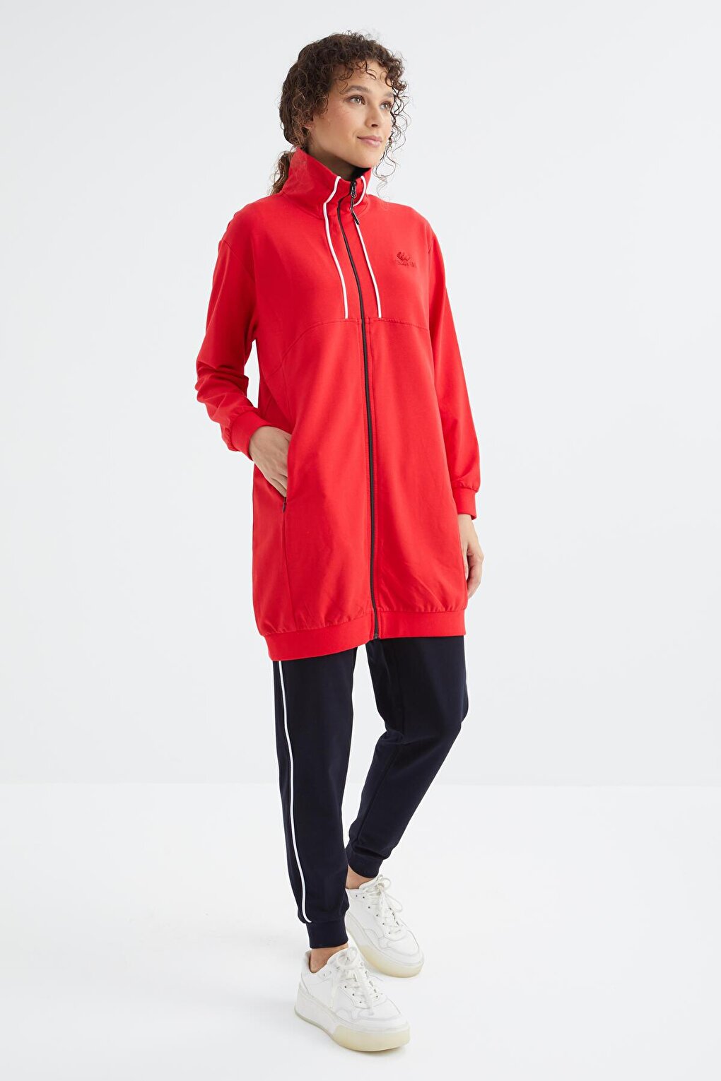 Red - Navy Blue High Collar Women's Tracksuit Tunic Set with Zipper Pockets - 95317