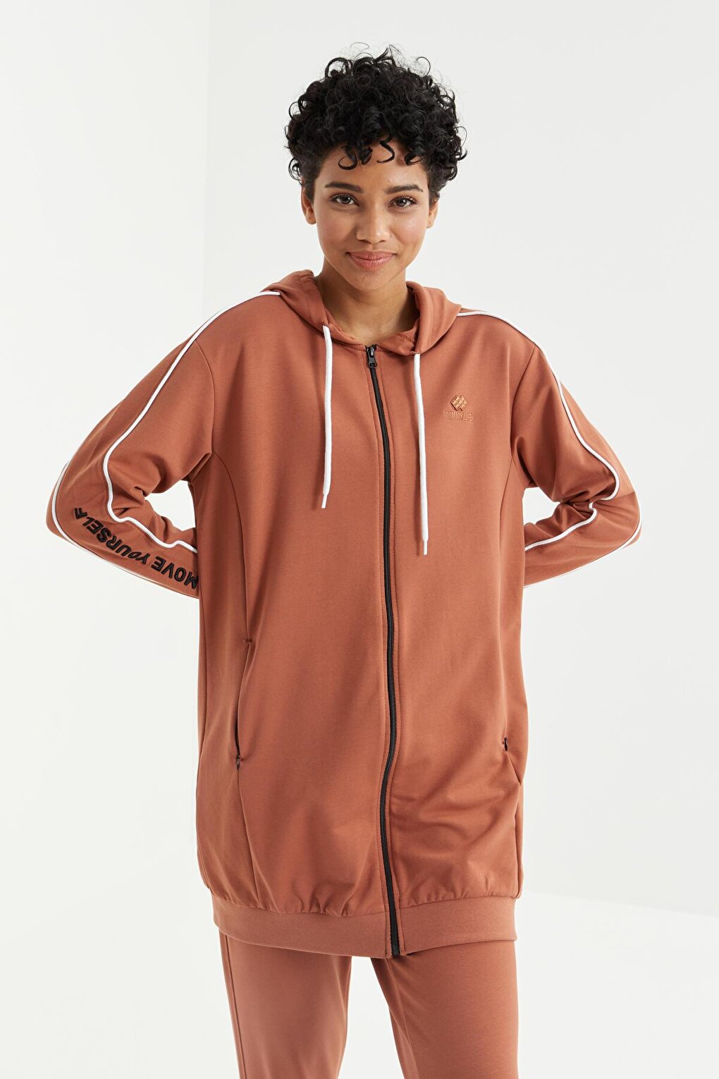 Cinnamon Hooded Zippered Sleeves with Text Embroidery Comfortable Form Women's Tracksuit Tunic Set - 95314