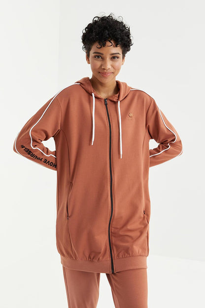 Cinnamon Hooded Zippered Sleeves with Text Embroidery Comfortable Form Women's Tracksuit Tunic Set - 95314