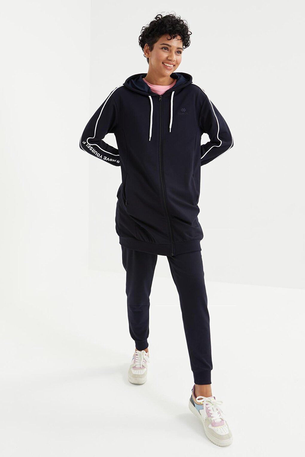 Navy Blue Hooded Zippered Sleeves with Text Embroidery Comfortable Form Women's Tracksuit Tunic Set - 95314