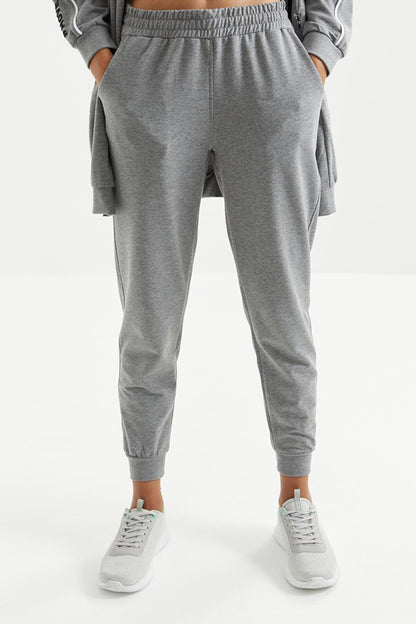 Gray Melange Hooded Zippered Sleeves with Text Embroidery Comfortable Form Women's Tracksuit Tunic Set - 95314