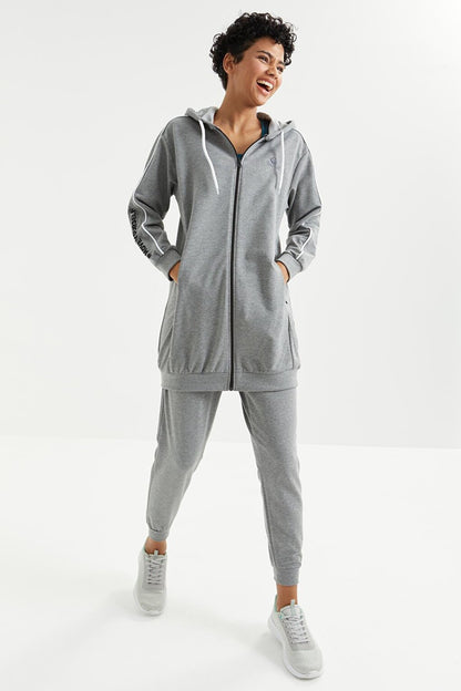 Gray Melange Hooded Zippered Sleeves with Text Embroidery Comfortable Form Women's Tracksuit Tunic Set - 95314