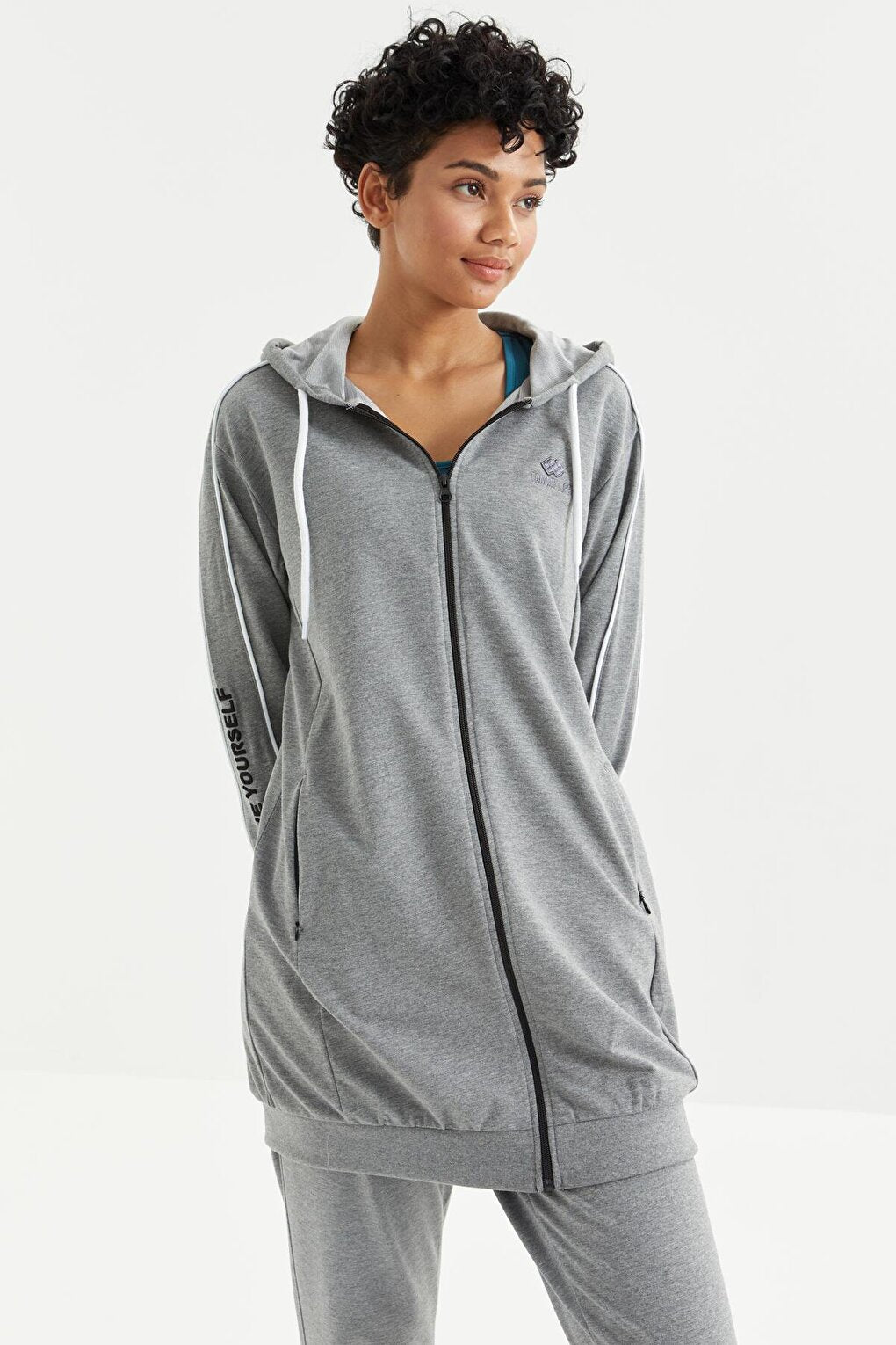 Gray Melange Hooded Zippered Sleeves with Text Embroidery Comfortable Form Women's Tracksuit Tunic Set - 95314