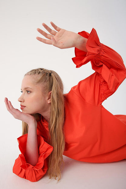 Orange Sleeve Elastic Ruffle Detailed Tunic