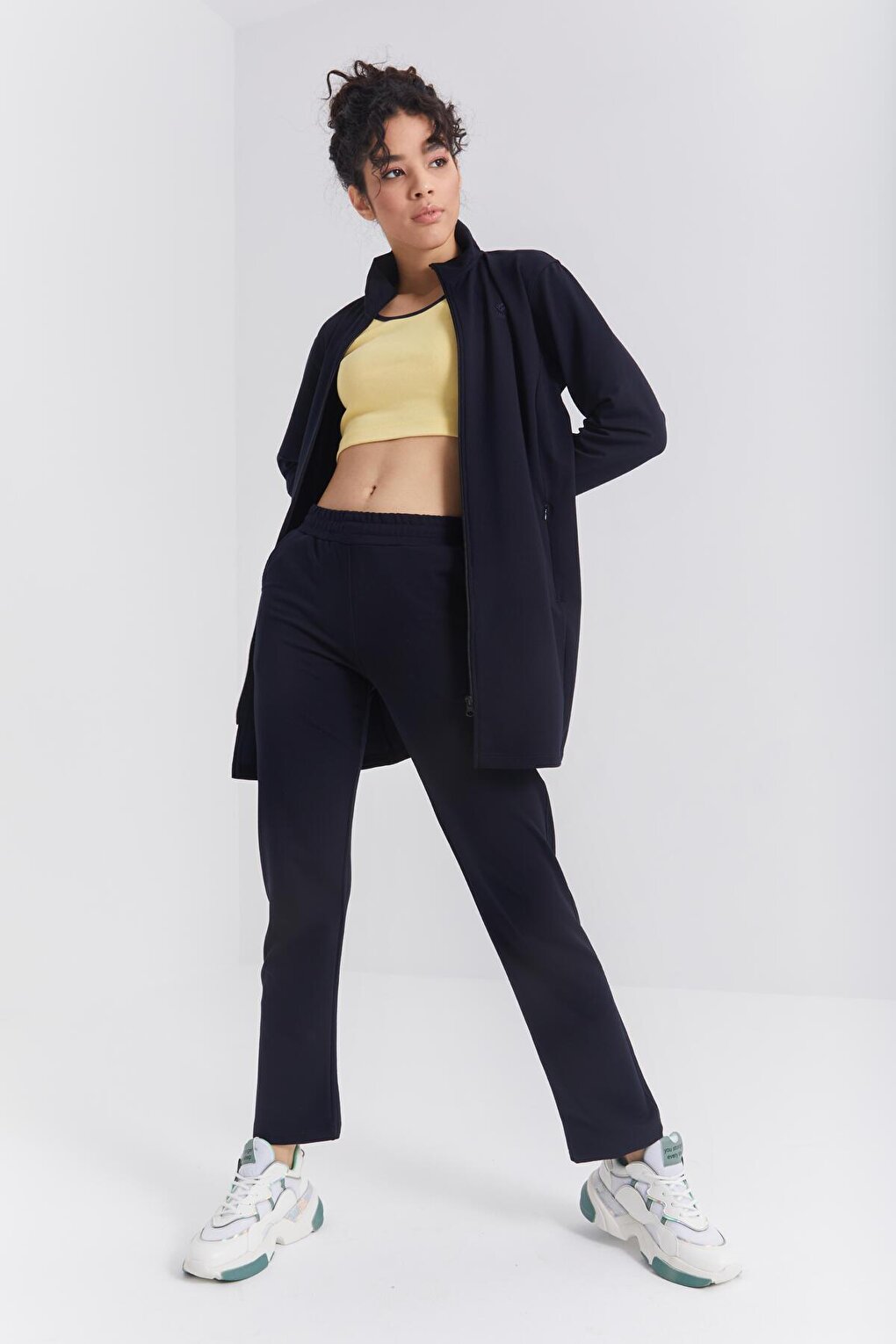 Navy Blue High Collar Zippered Comfortable Form Classic Leg Women's Tracksuit Tunic Set - 95312