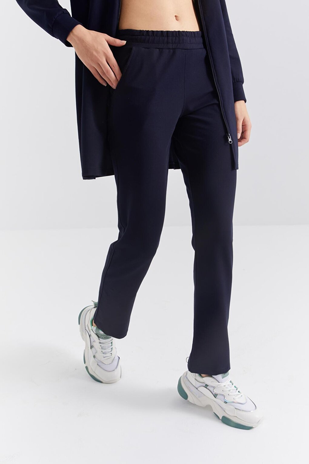 Navy Blue High Collar Zippered Comfortable Form Classic Leg Women's Tracksuit Tunic Set - 95312