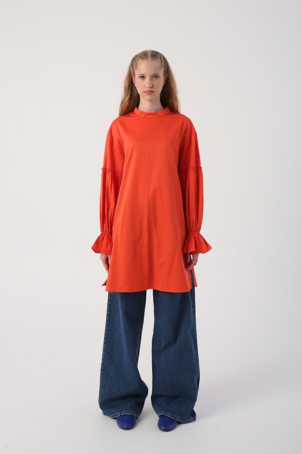 Orange Sleeve Elastic Ruffle Detailed Tunic