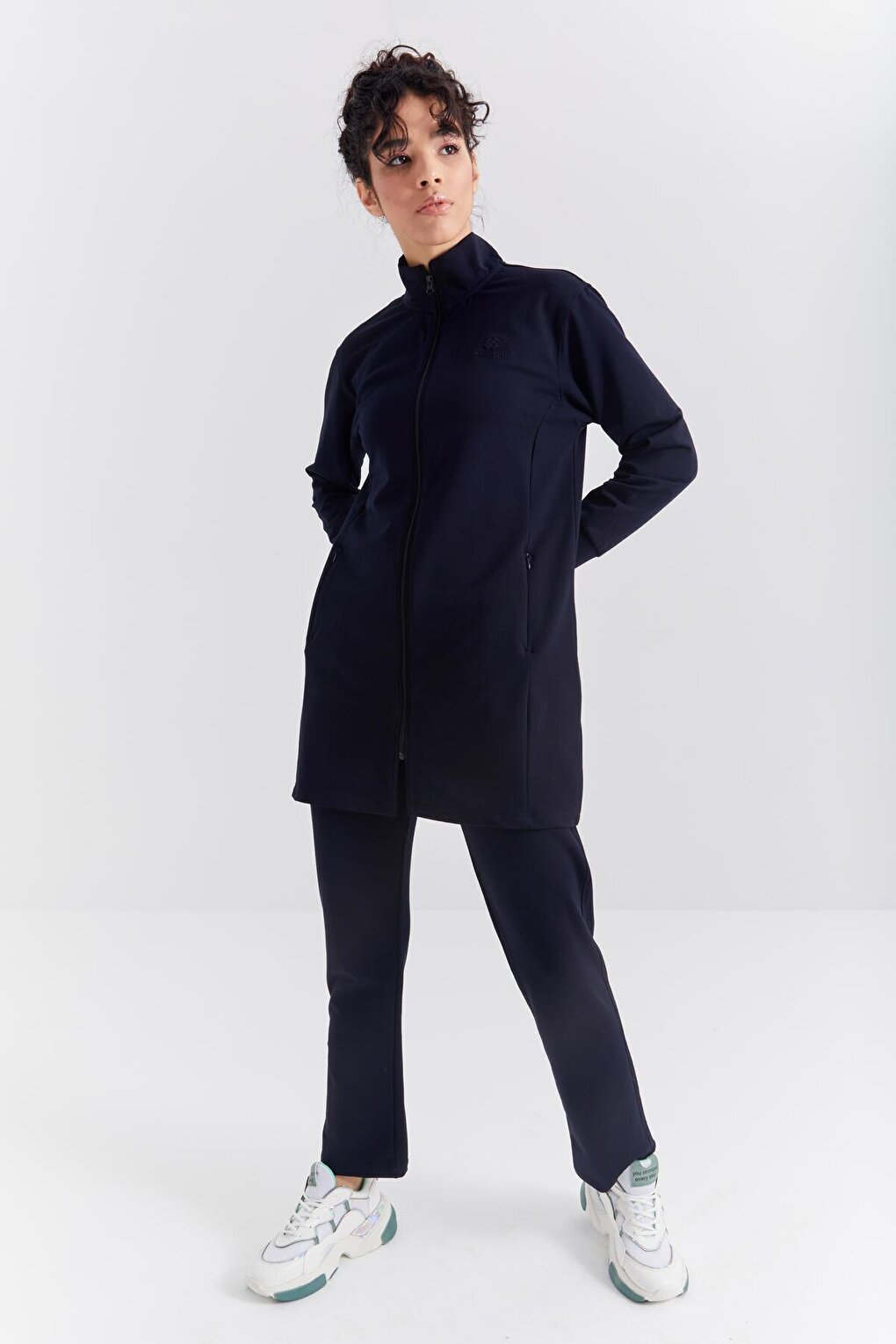 Navy Blue High Collar Zippered Comfortable Form Classic Leg Women's Tracksuit Tunic Set - 95312