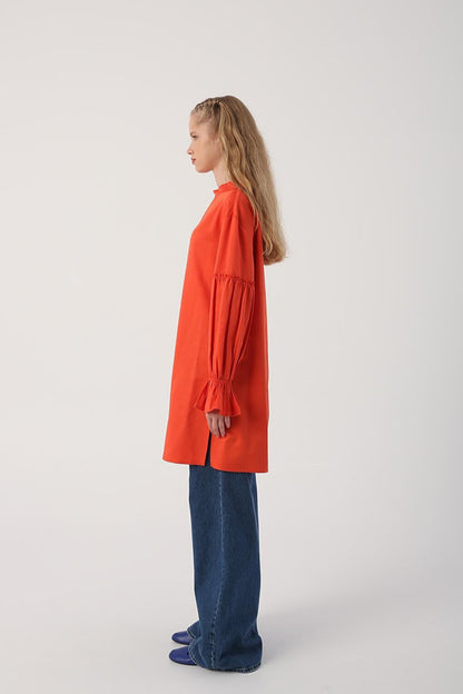 Orange Sleeve Elastic Ruffle Detailed Tunic