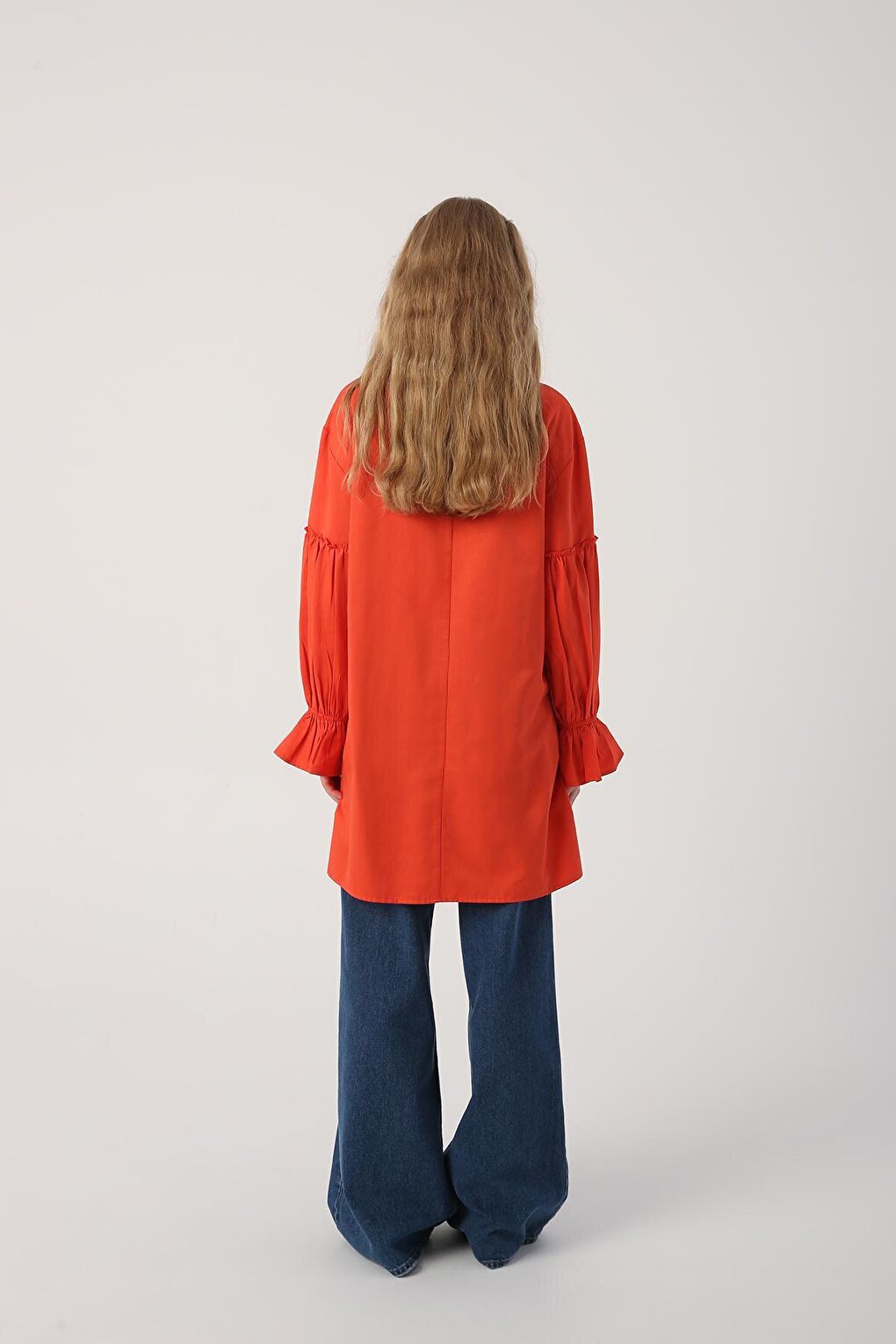 Orange Sleeve Elastic Ruffle Detailed Tunic