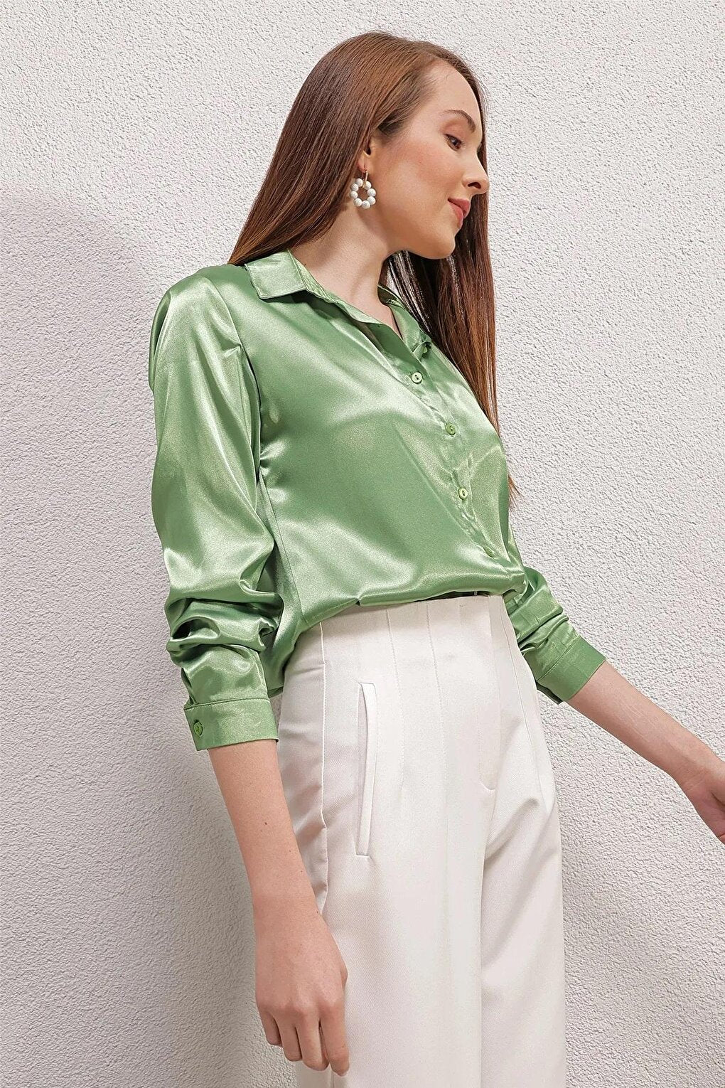 Women's Pistachio Green Lightly Flowing Satin Surface Shirt HZL22W-BD139641