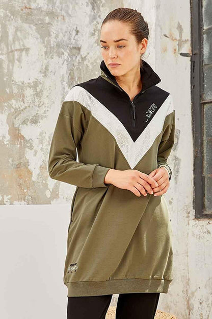 Khaki - Black High Collar Half Zipper Comfortable Form Jogger Women's Tracksuit Tunic Set - 95234