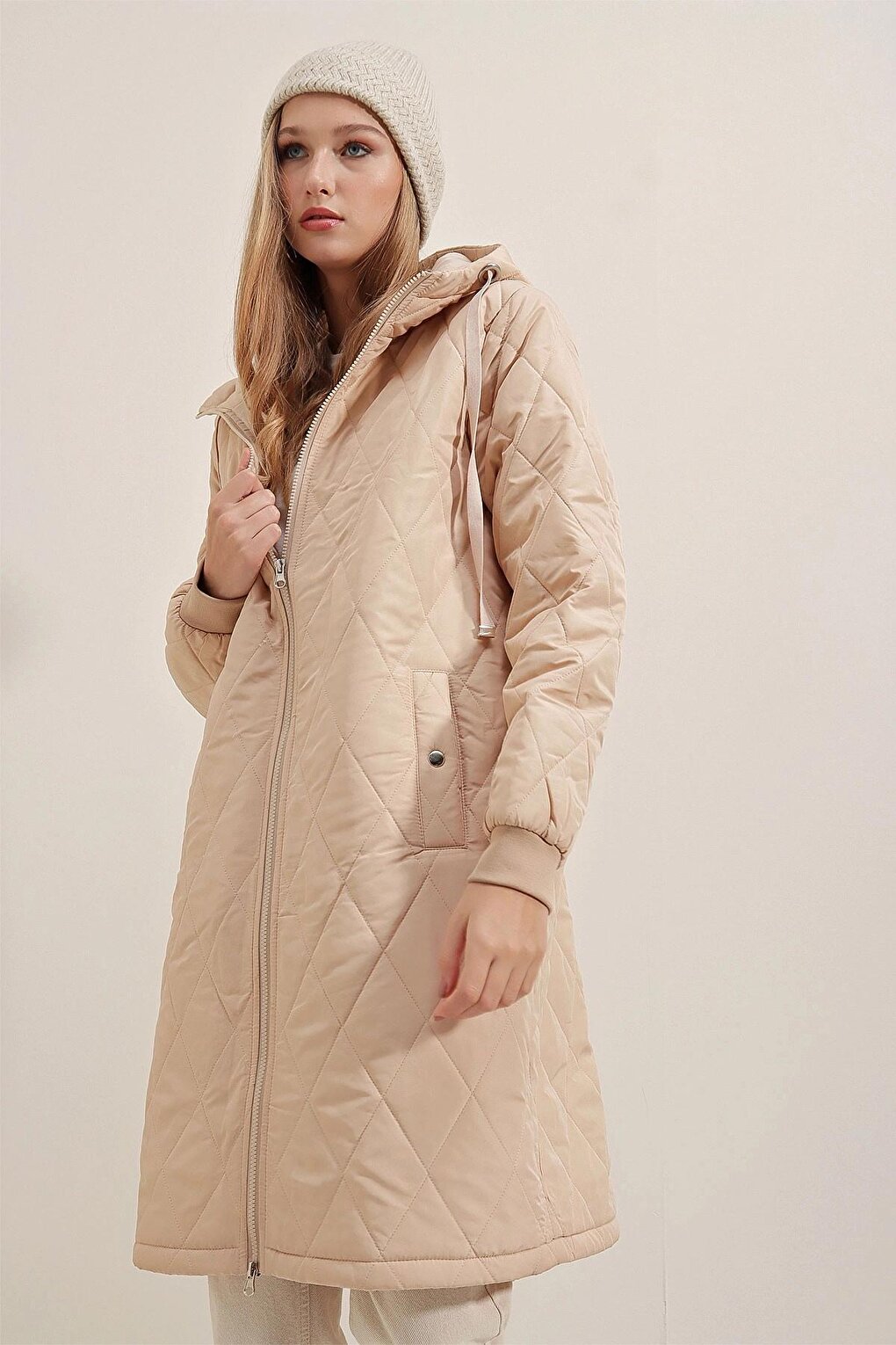 Beige Hooded Zippered Puffer Jacket