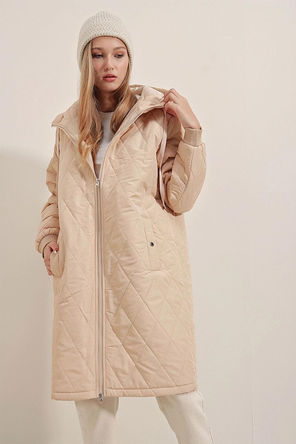 Beige Hooded Zippered Puffer Jacket