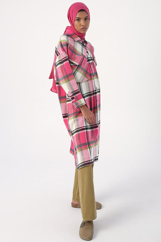 Pink-Ecru Lumberjack Plaid Shirt Tunic