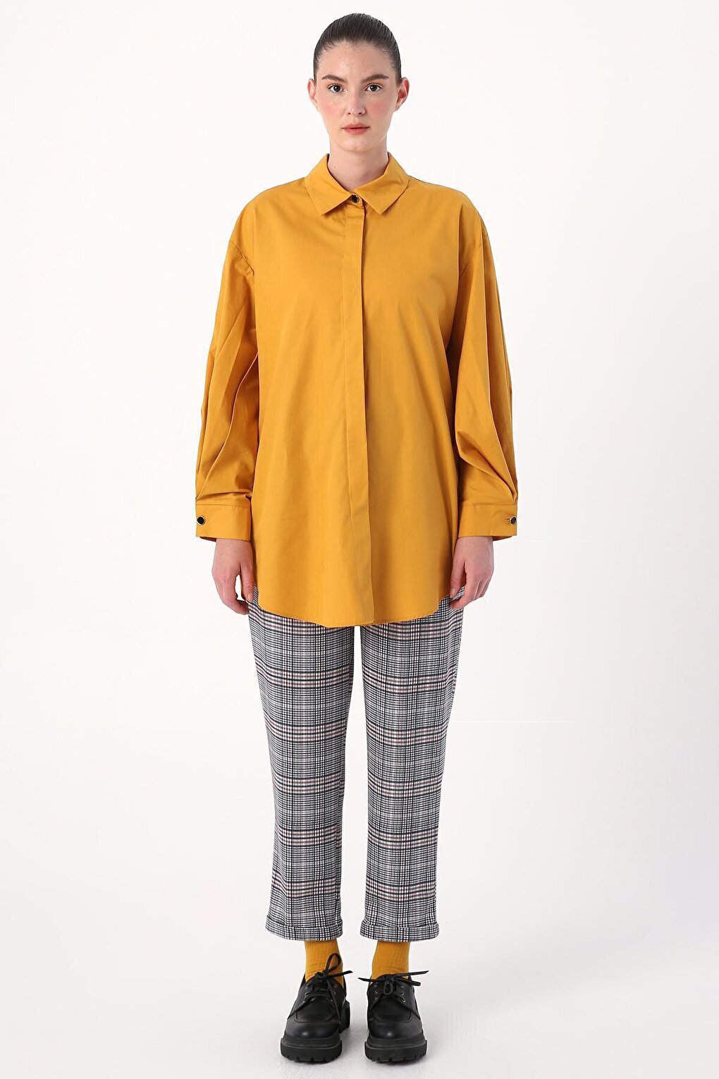 Mustard Oversize Sleeve Pleat Detailed Shirt Tunic