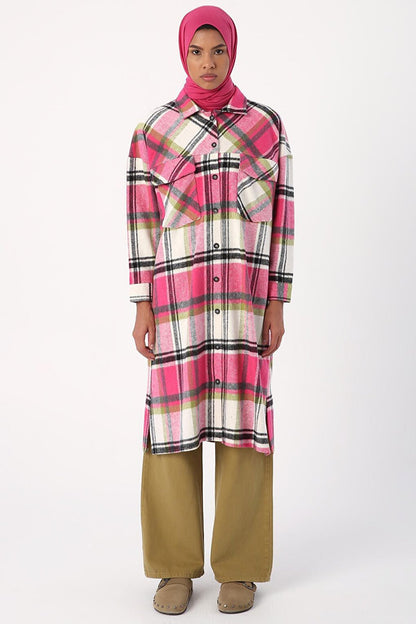 Pink-Ecru Lumberjack Plaid Shirt Tunic