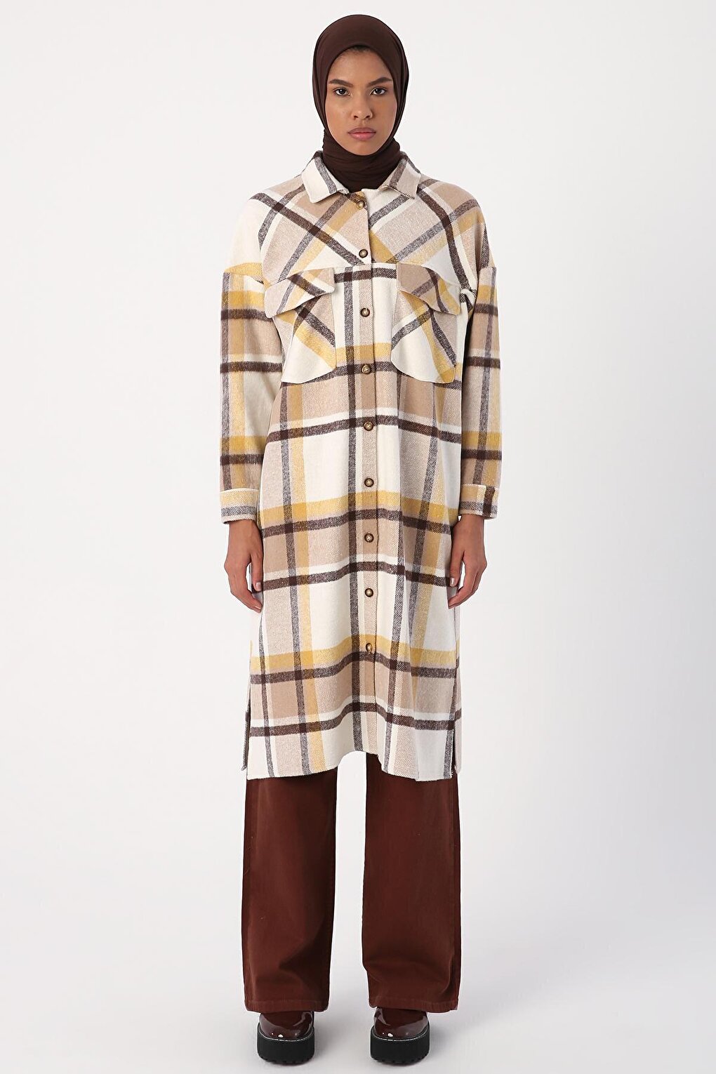 Camel-Ecru Lumberjack Plaid Shirt Tunic