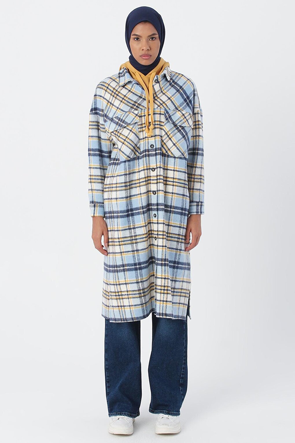 Blue-Ecru Lumberjack Plaid Shirt Tunic