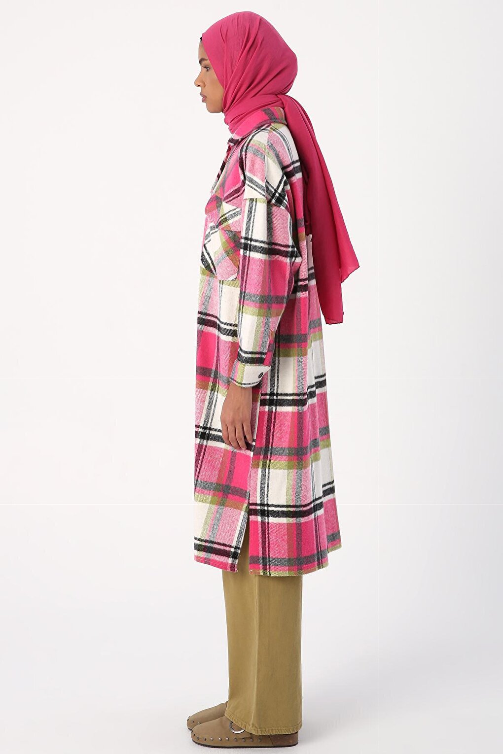 Pink-Ecru Lumberjack Plaid Shirt Tunic