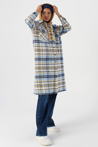 Blue-Ecru Lumberjack Plaid Shirt Tunic