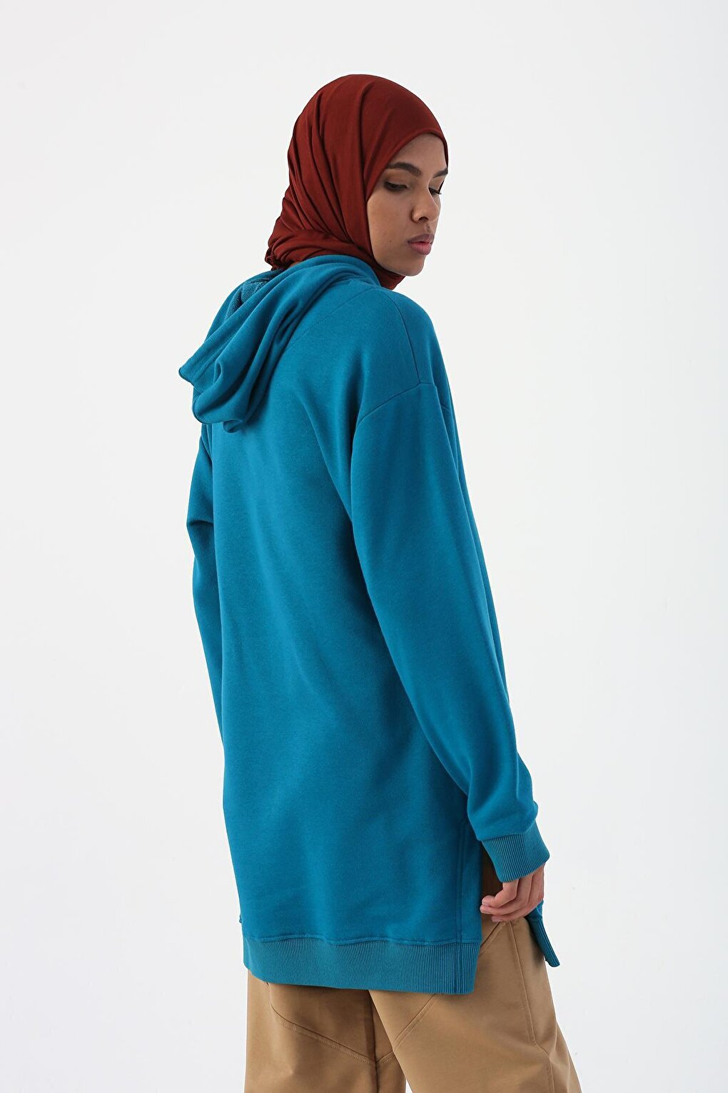 Petrol Oversize Hooded Sweat Tunic with Slits on the Sides