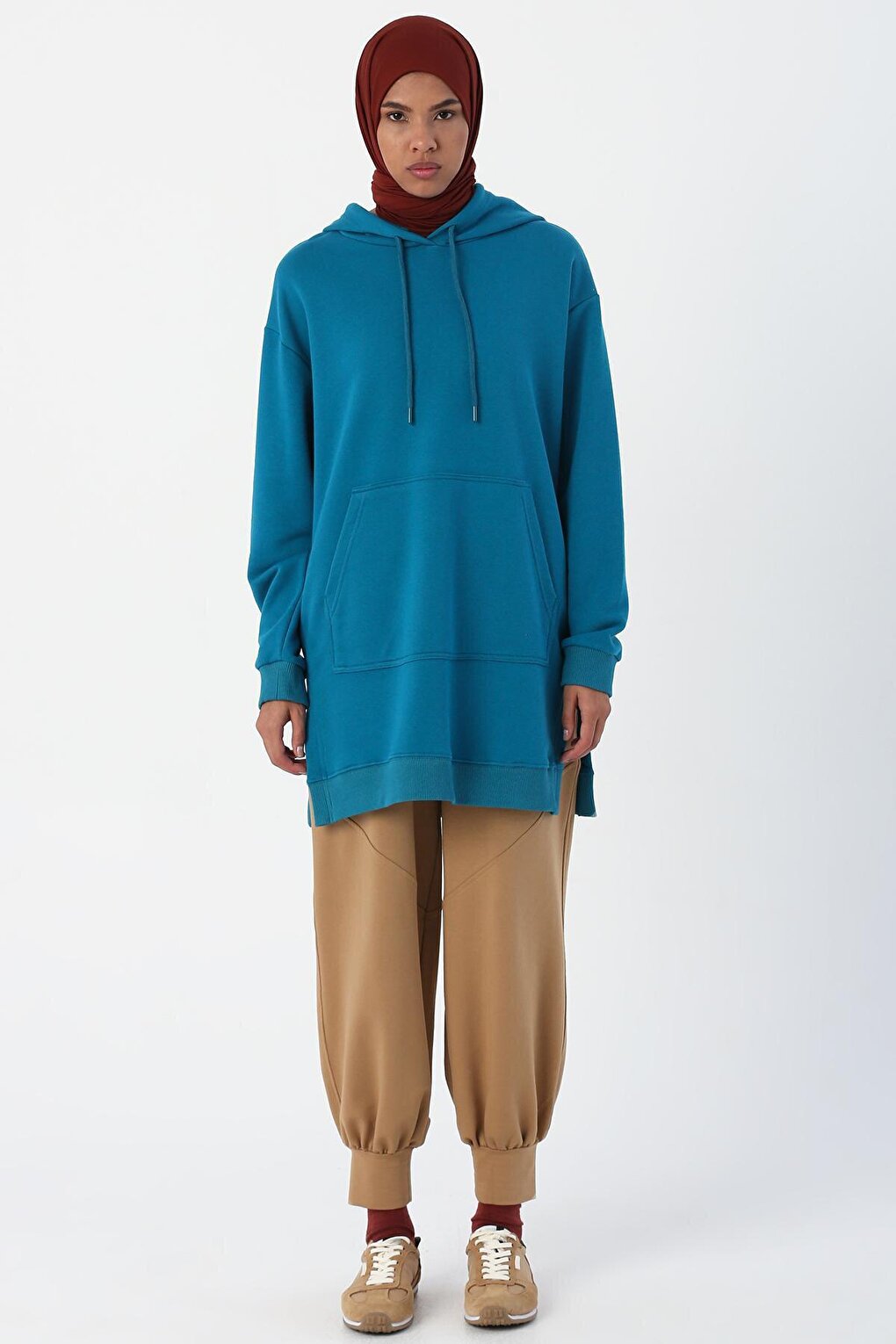 Petrol Oversize Hooded Sweat Tunic with Slits on the Sides