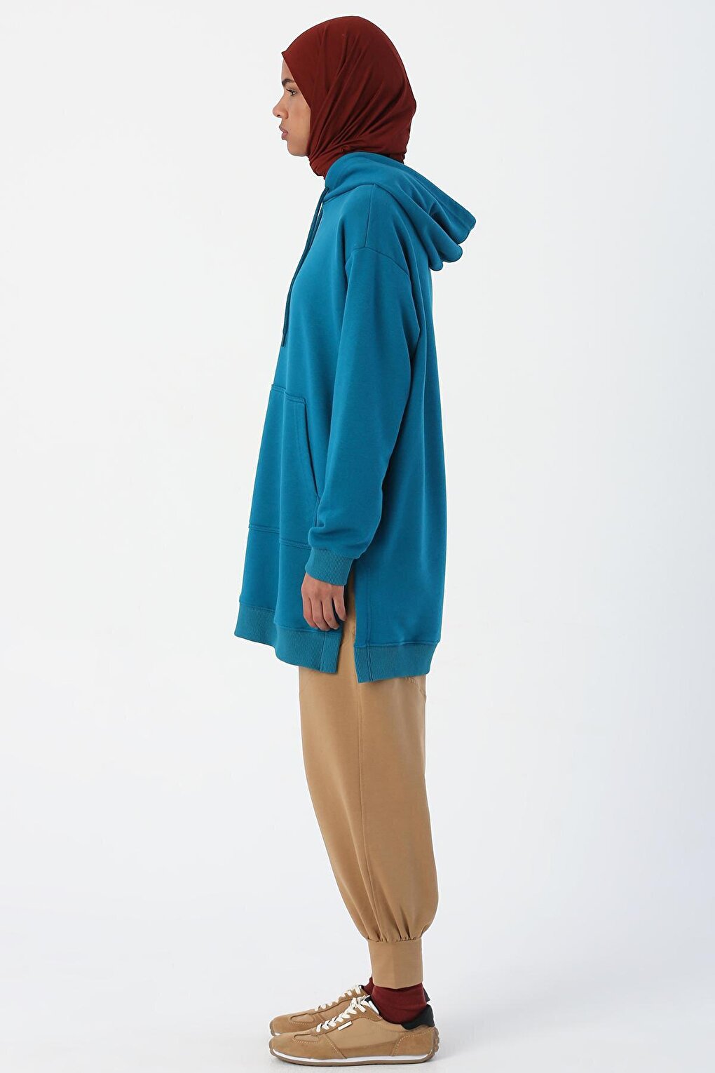 Petrol Oversize Hooded Sweat Tunic with Slits on the Sides