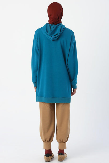 Petrol Oversize Hooded Sweat Tunic with Slits on the Sides