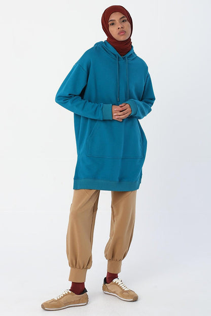 Petrol Oversize Hooded Sweat Tunic with Slits on the Sides