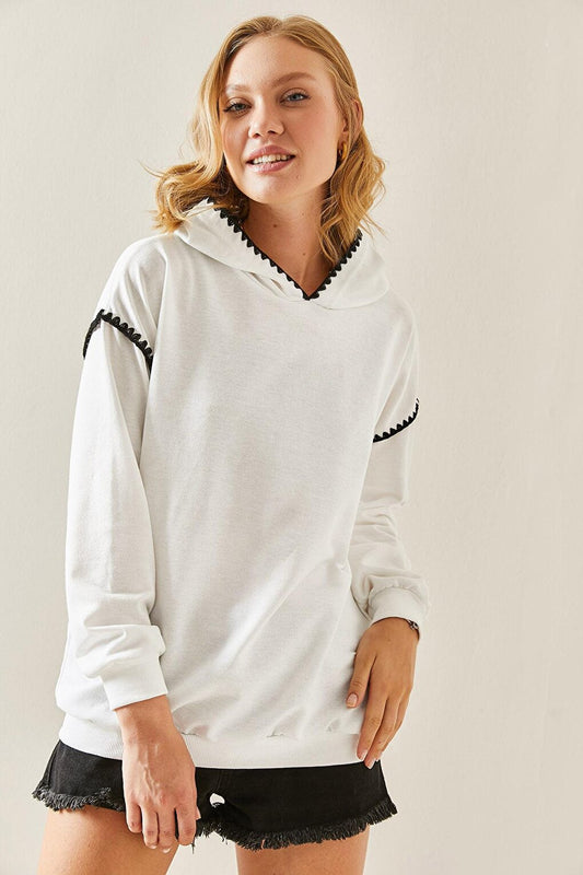 White Embroidery Detailed Hooded Sweatshirt 3YXK8-47510-01