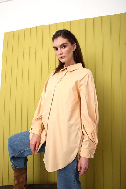 Beige Oversize Sleeve Pleat Detailed Shirt Tunic