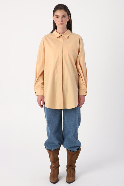 Beige Oversize Sleeve Pleat Detailed Shirt Tunic