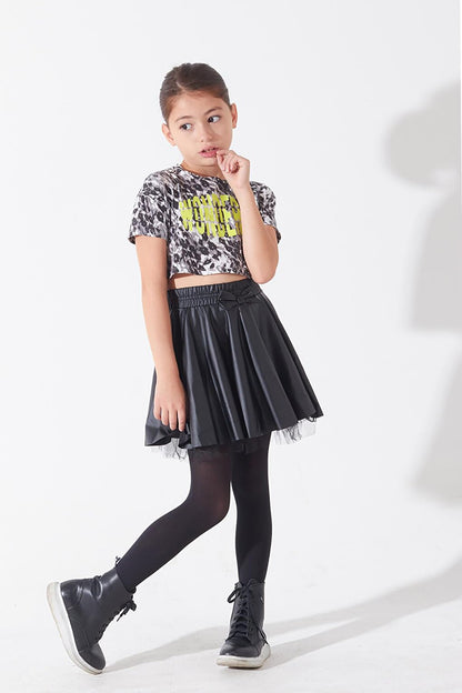 Girl's Black Tulle Faux Leather Skirt 4-12 Years 13794