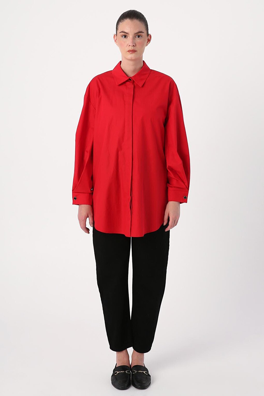 Red Oversize Sleeve Pleat Detailed Shirt Tunic