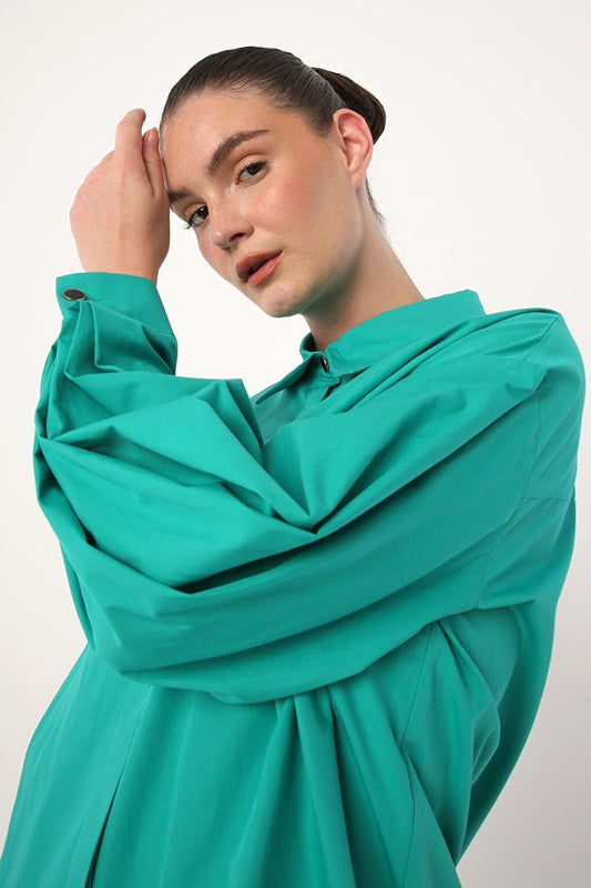 Green Oversize Sleeve Pleat Detailed Shirt Tunic